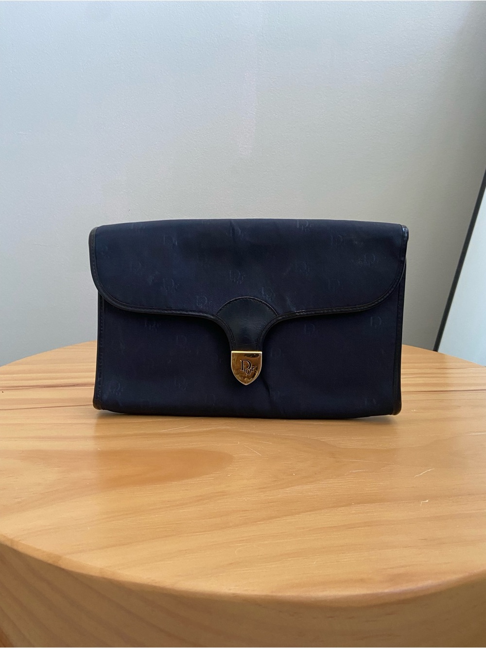 Dior Navy Blue Clutch with Gold-Tone Shield Lock